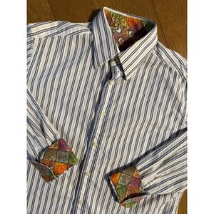 Robert Graham‎ L Flip Cuff White Blue Pinstripe Paisley Floral Money Bag Shirt